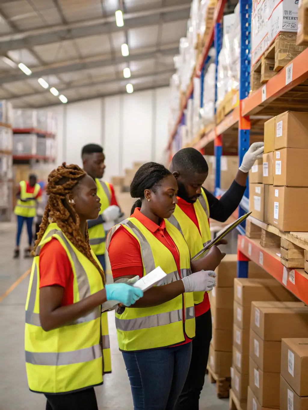 A photo of a diverse team of Mwb Express employees carefully handling packages in a warehouse, emphasizing the care and security.